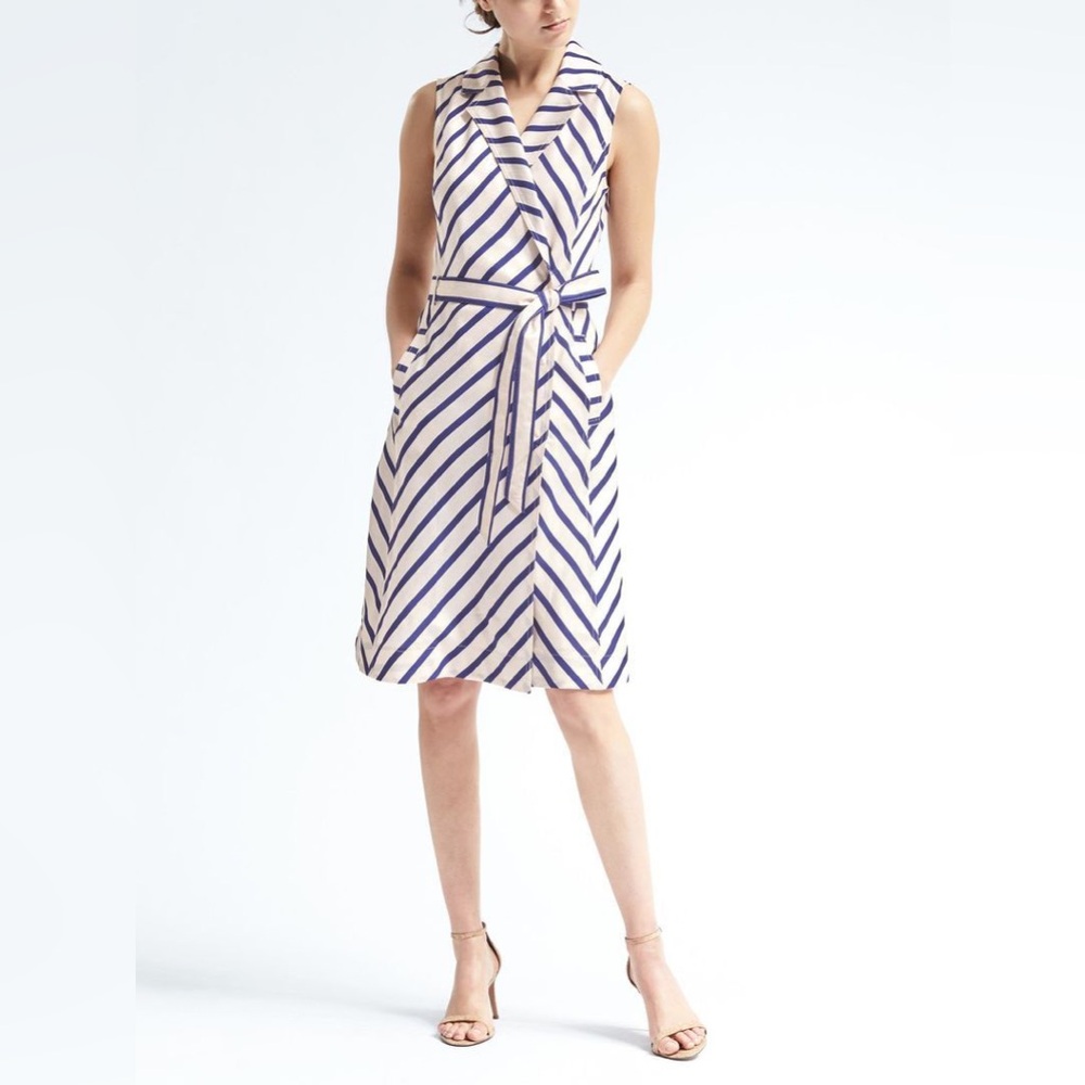 NWT Banana Republic Blue Cream Stripe Trench Wrap Dress Size 0P